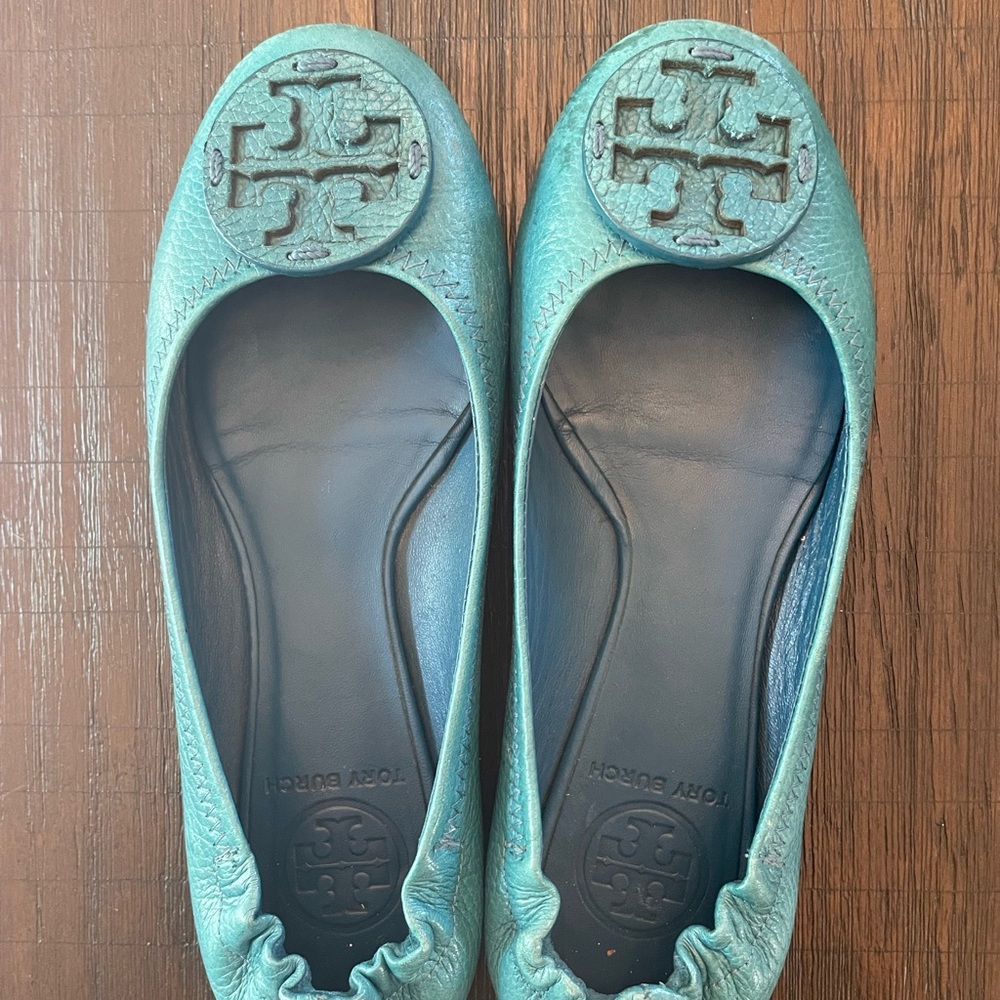 Tory Burch Blue Flats with Metallic Emblem